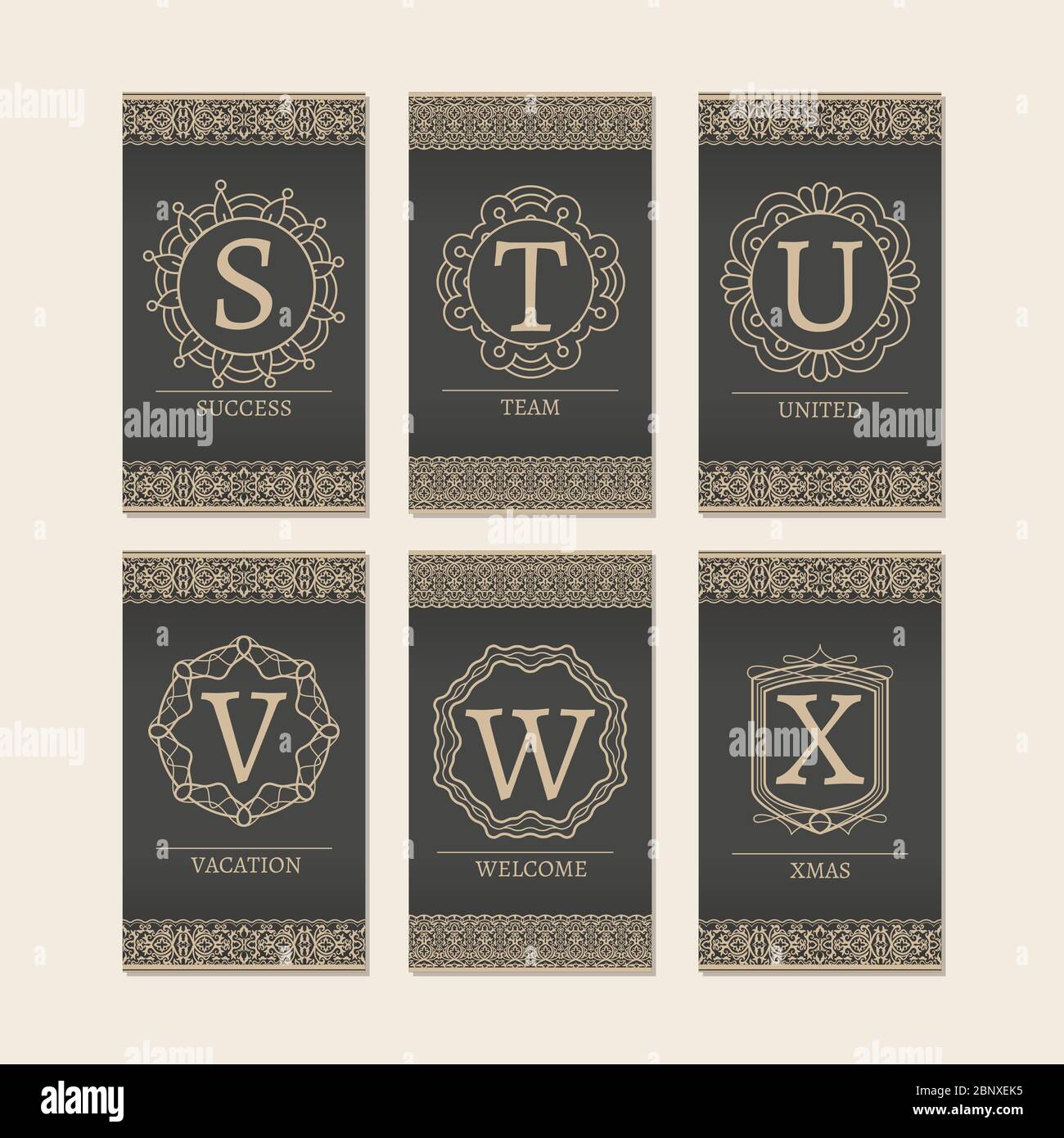 Cards set with monogram logos and borders. Letters S-X vector illustration Stock Vector