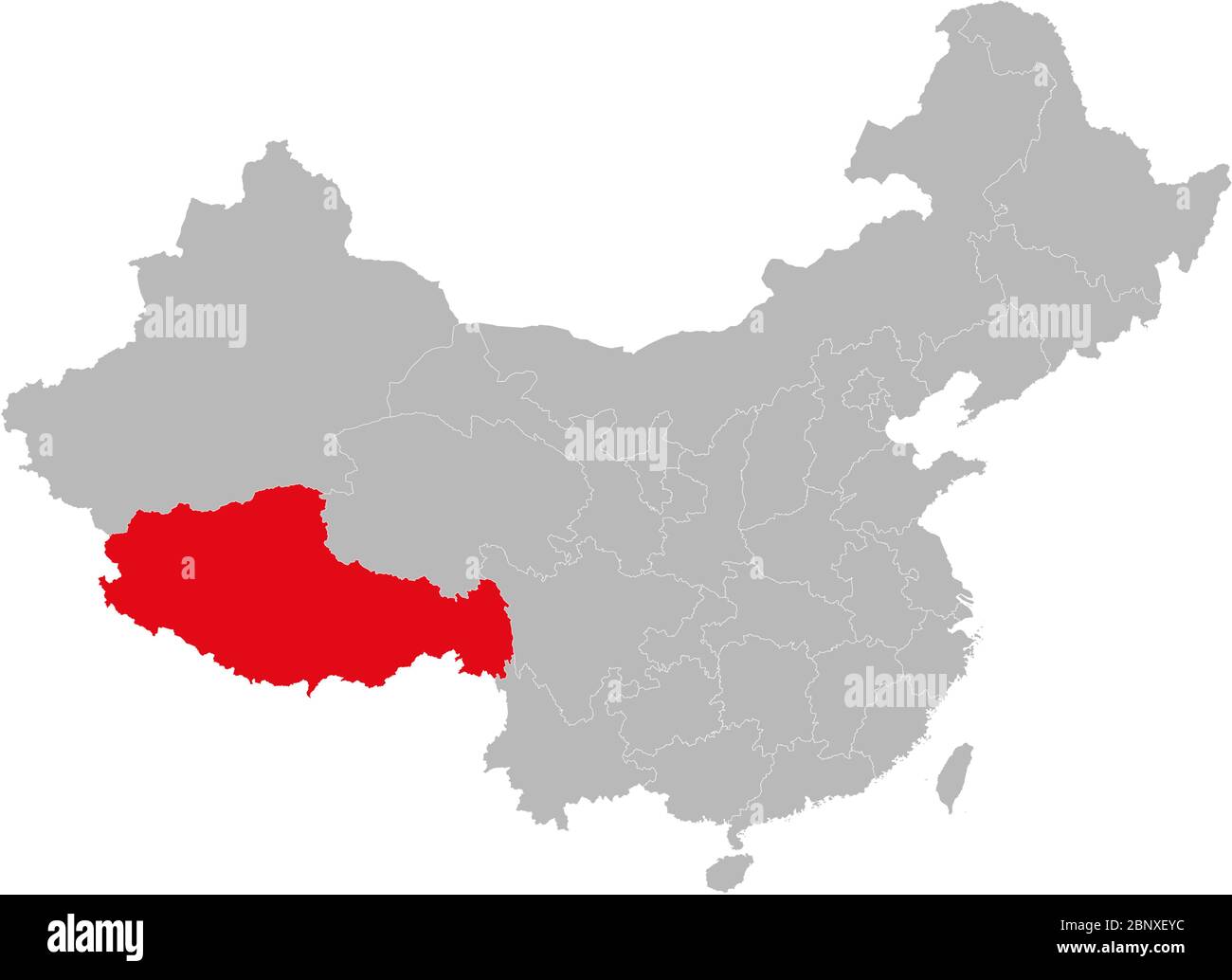 Xizang province highlighted on china map. Gray background. Asian country. Stock Vector