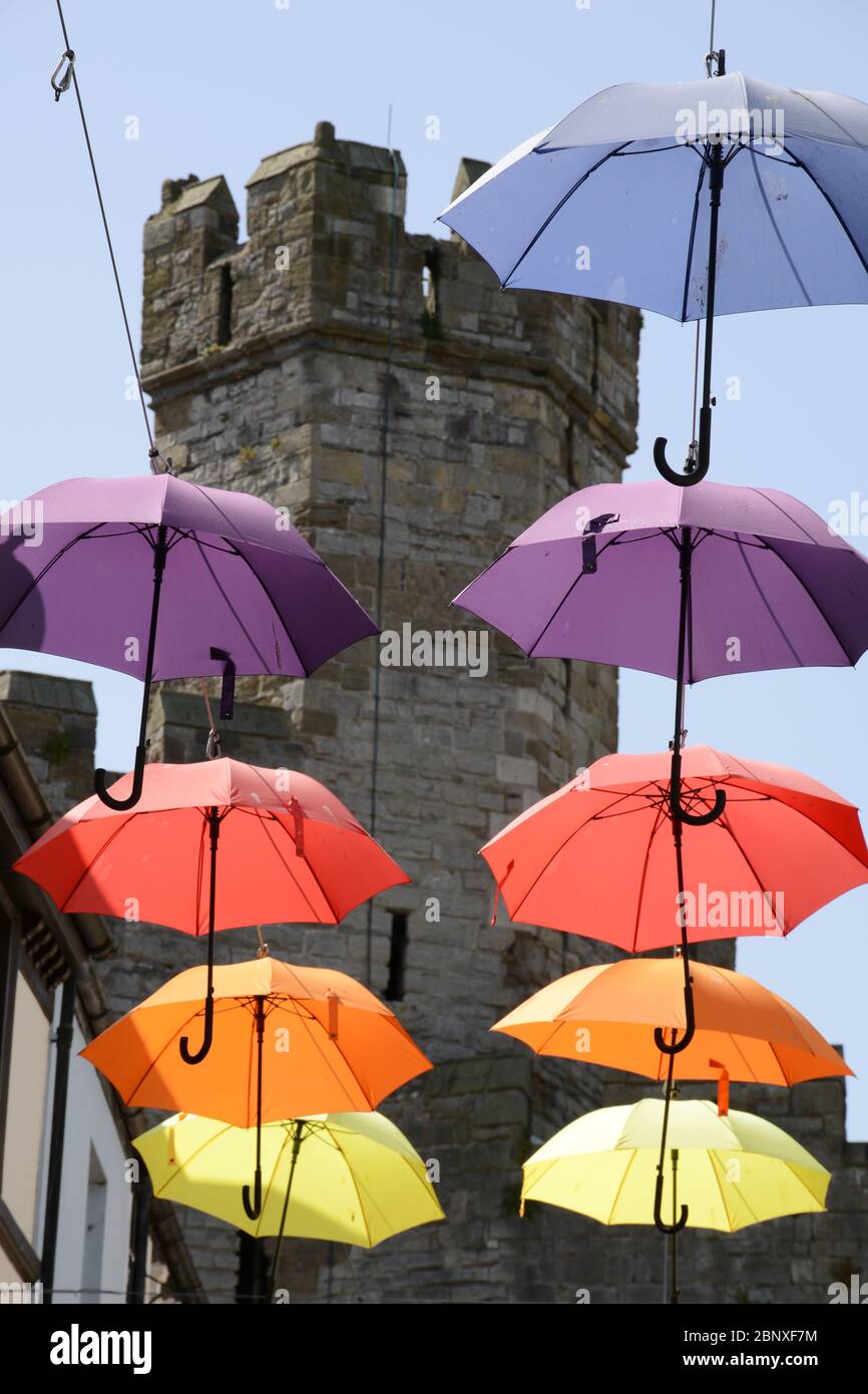 Hanging Umbrellas in Palace Street at Caernarfon in North Wales Stock Photo