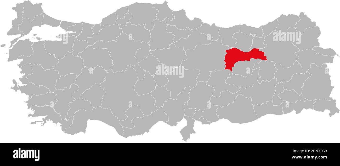 Erzincan province highlighted on turkey map vector. Gray background. Stock Vector