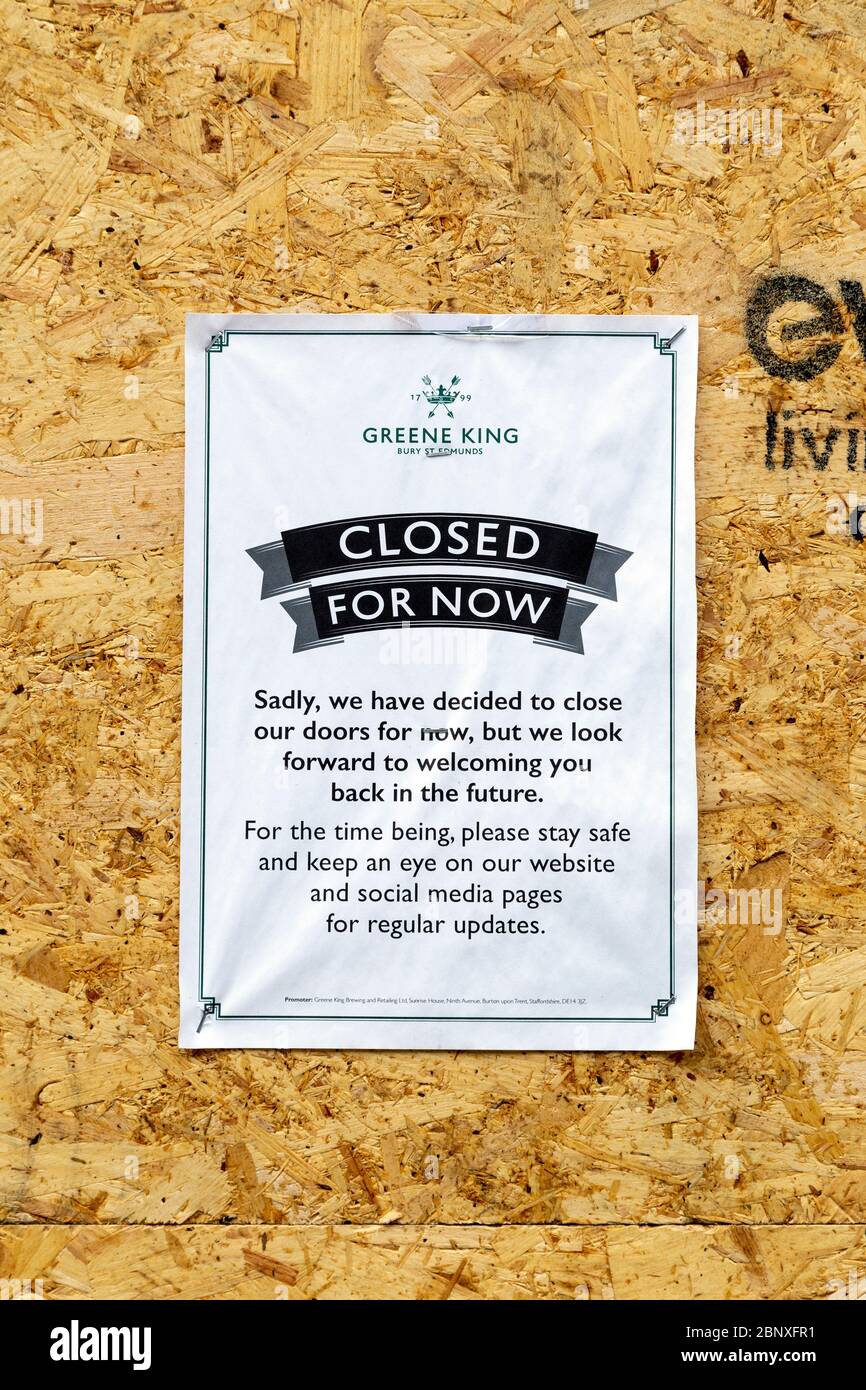 16 May 2020 London, UK - Notice of closure on the facade of The Sailsbury pub in Leicester Square shut down and boarded up during the Coronavirus pandemic lockdown Stock Photo
