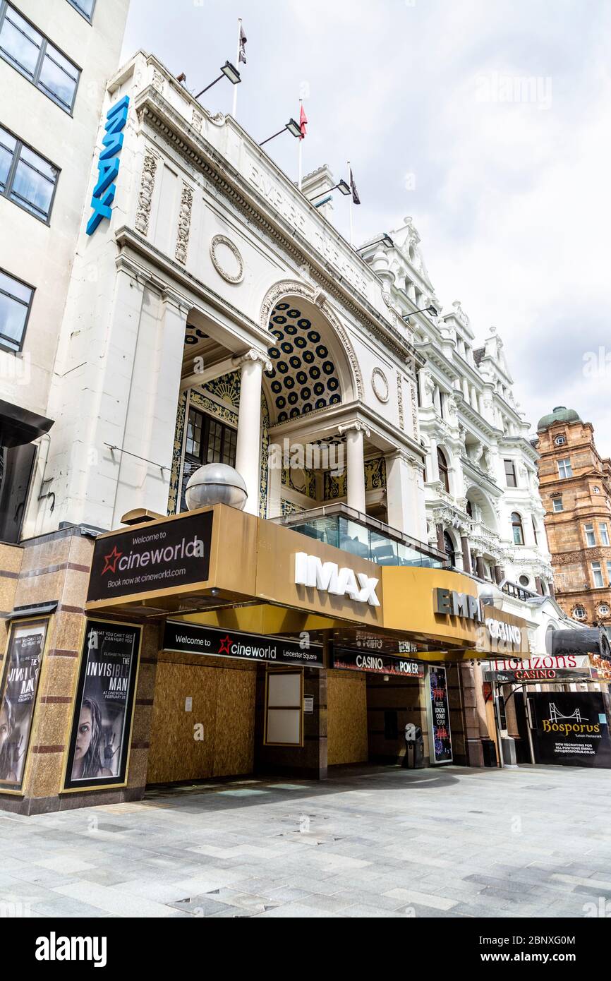 16 May 2020 London, UK - Cineworld Leicester Square Cinema boarded up and closed during the Coronavirus pandemic lockdown Stock Photo