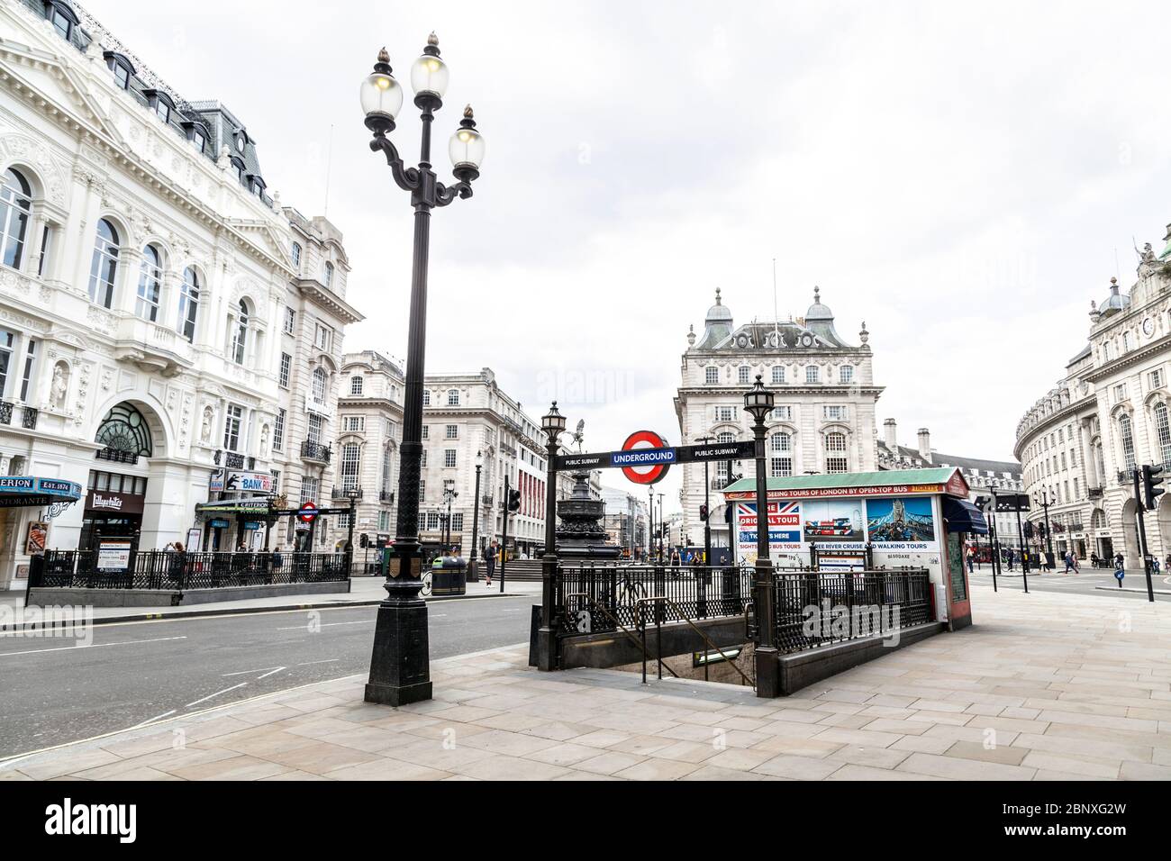 16 May 2020 London, UK - Piccadilly Circus Underground Station and area usually busy with tourists empty during the Coronavirus pandemic lockdown Stock Photo