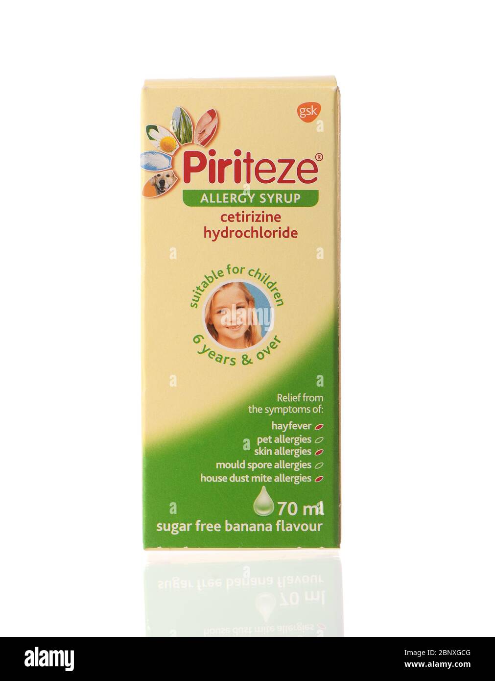 Piriteze allergy syrup packet shot in studio isolated on a white background. Stock Photo