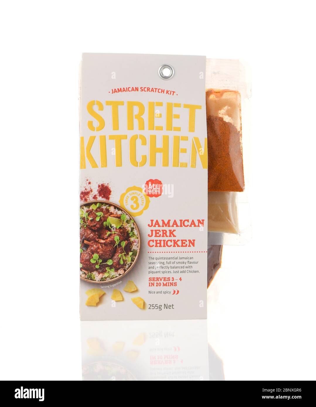 Jamaican scratch kit Street Kitchen jerk chicken simple cooking kit isolated on a white background. Stock Photo