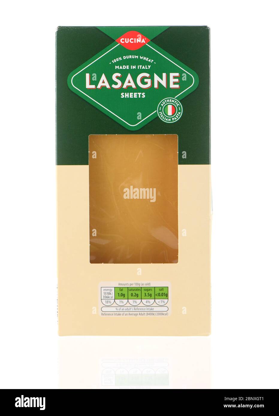 A packet of dried Cucina Lasagne sheets made in Italy isolated against