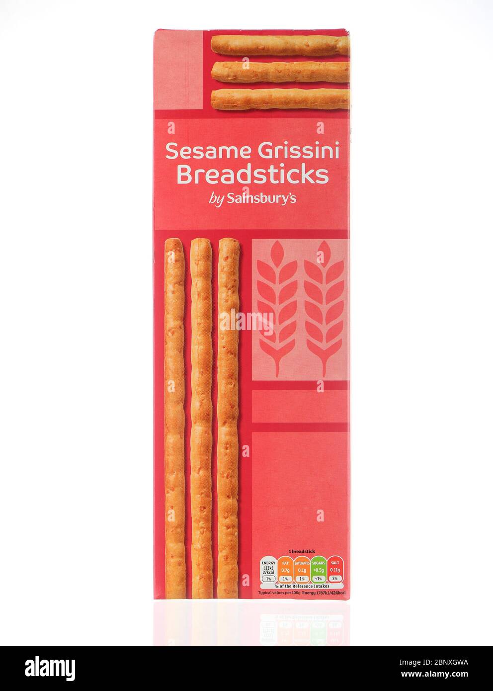 Sesame Grissini breadsticks box by Sainsbury's isolated on a white