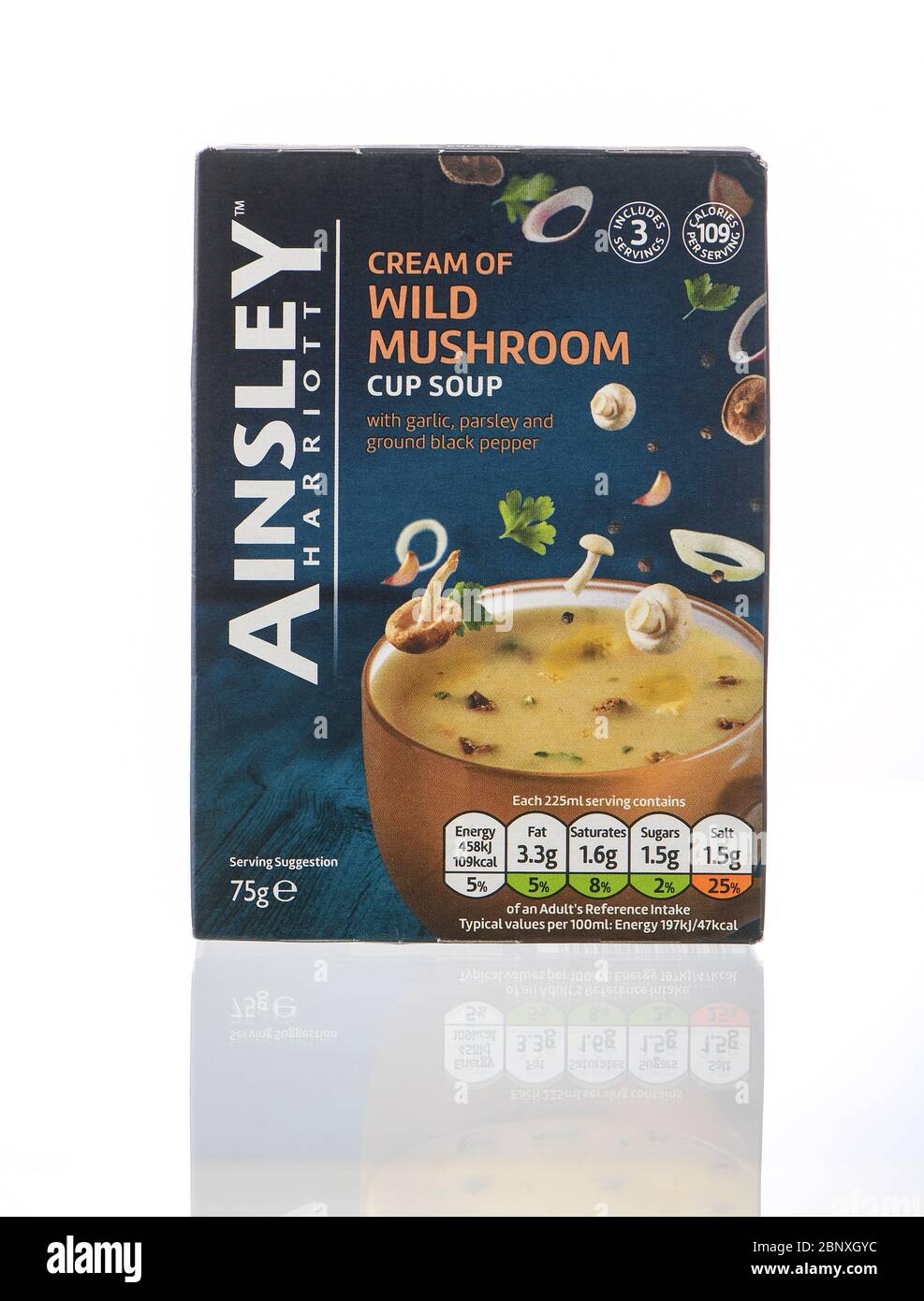 Ainsley Harriott cream of wild mushroom cup soup packet isolated on white background. Stock Photo