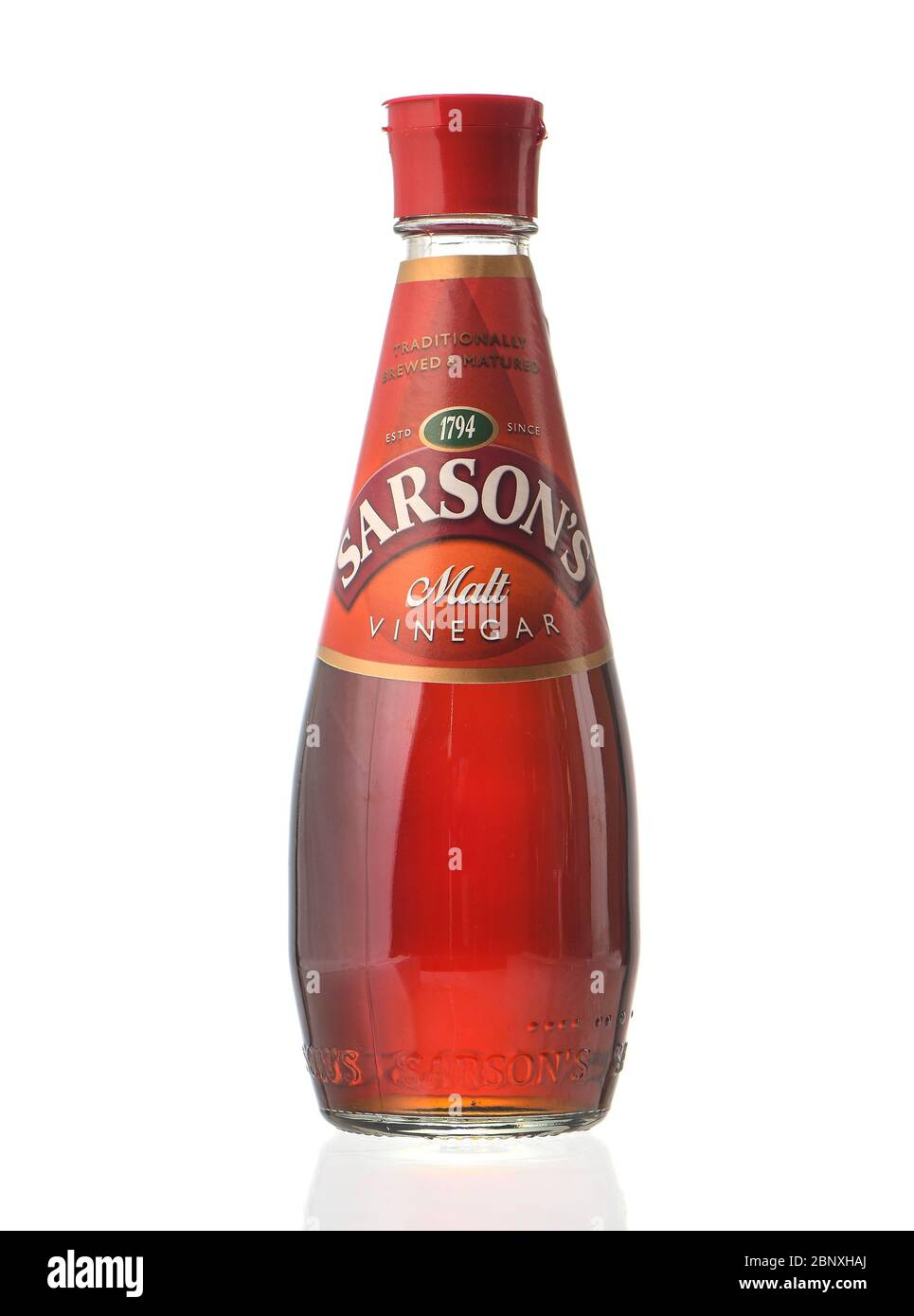 Sarsons bottle of malt vinegar isolated on a white background with