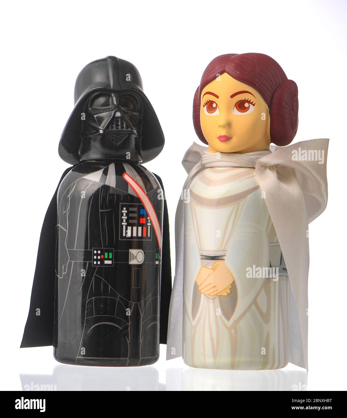 Starwars based novelty bubble bath shaped like characters from the film. Darth vader and princess leia set isolated on a white background. Stock Photo