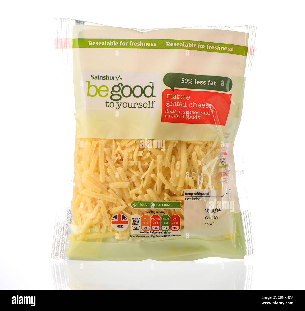 Sainsburys be good to yourself range mature grated cheese packet isolated on a white background. Stock Photo