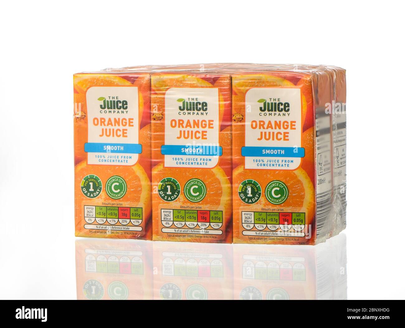 The Juice company six carton bulk pack of orange juice isolated on a
