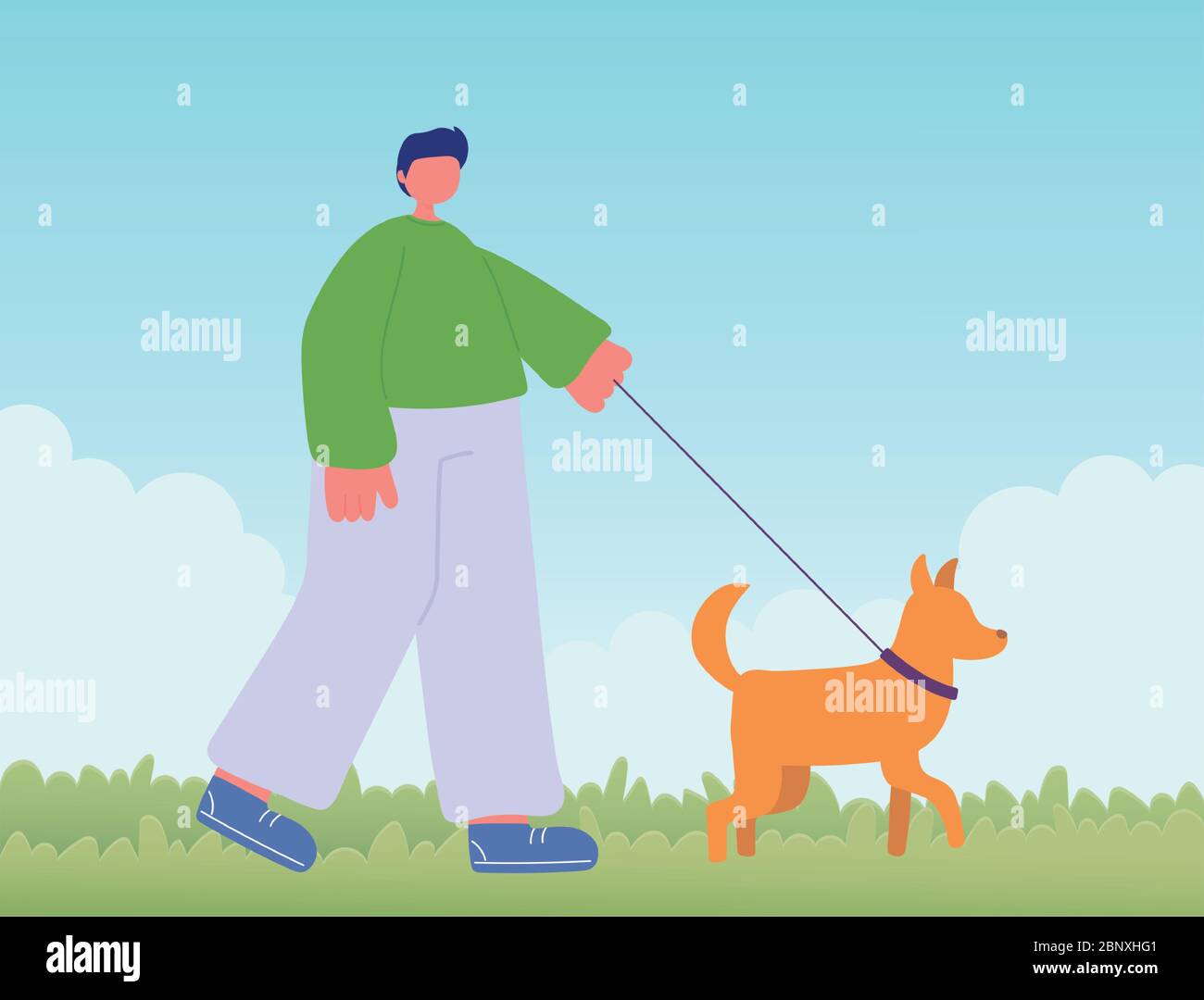 young man with her dog mascot walking in the grass vector illustration ...