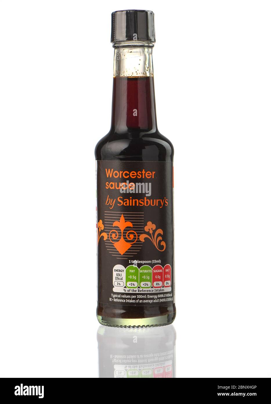 Sainsburys brand of bottled Worcester sauce isolated against a white background Stock Photo