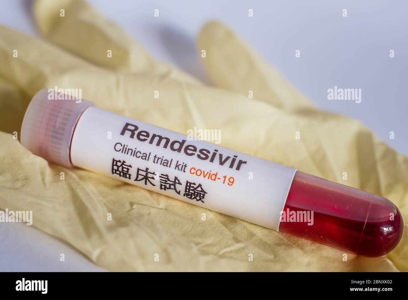 Test tube with Remdesivir and blood for laboratory testing against covid-19, Denmark, May 16, 2020 Stock Photo