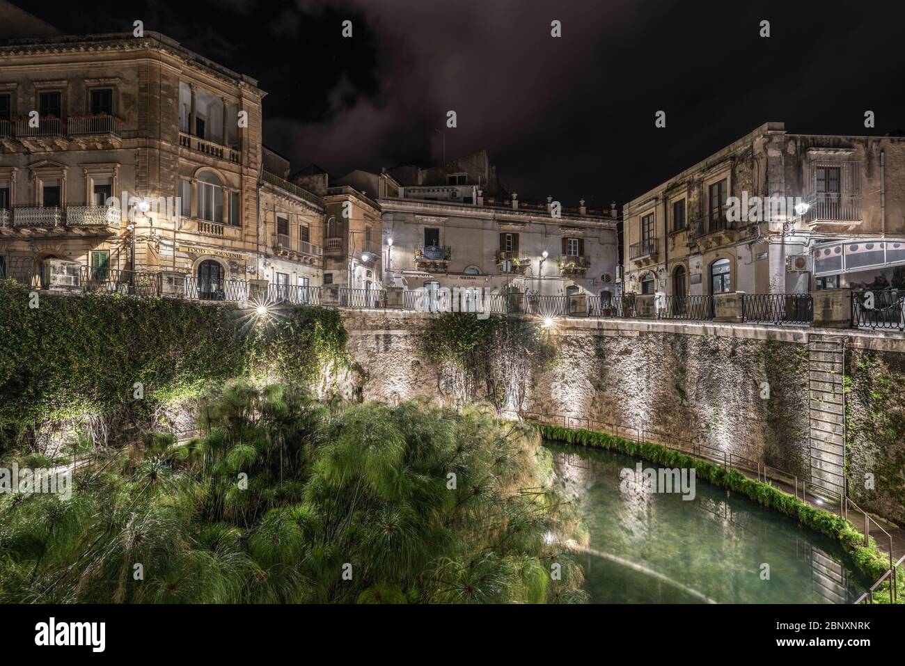 Syracuse Sicily. Source Aretusa in the night. Stock Photo
