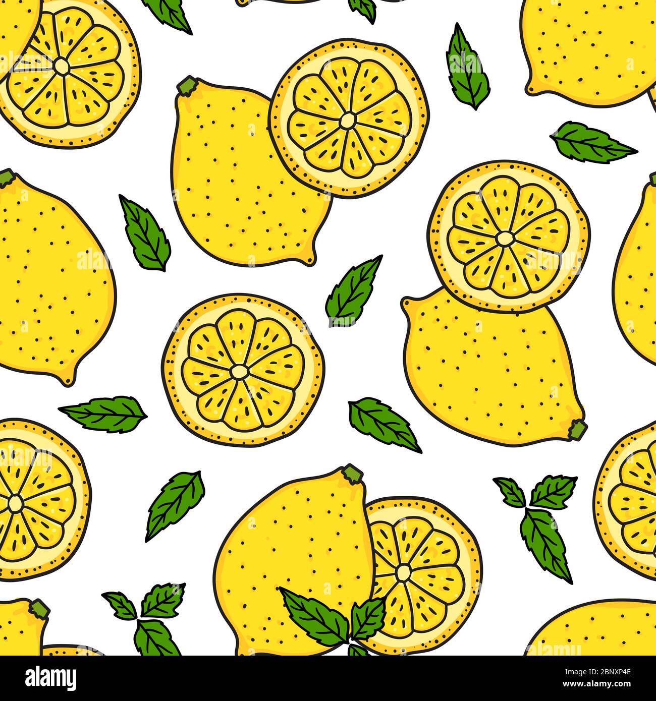 Lemon and a round slice. Seamless pattern texture. Vector hand drawn ...