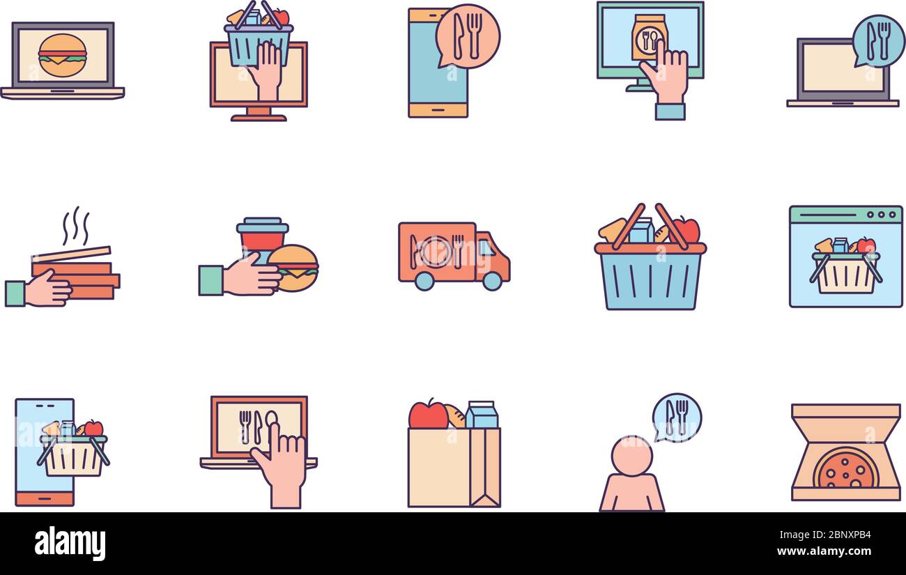 Food delivery line and fill style icon set vector design Stock Vector ...