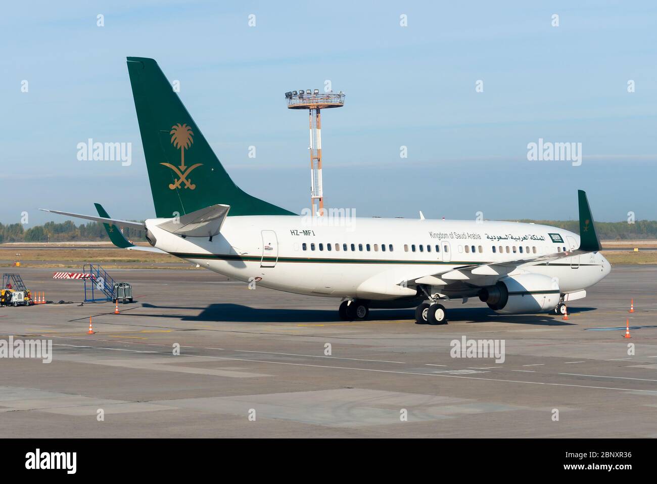Kingdom of Saudi Arabia Ministry of Finance private Boeing 737 at Manas Airport, Kyrgyzstan. Boeing Business Jet (BBJ) aircraft registered as HZ-MF1. Stock Photo