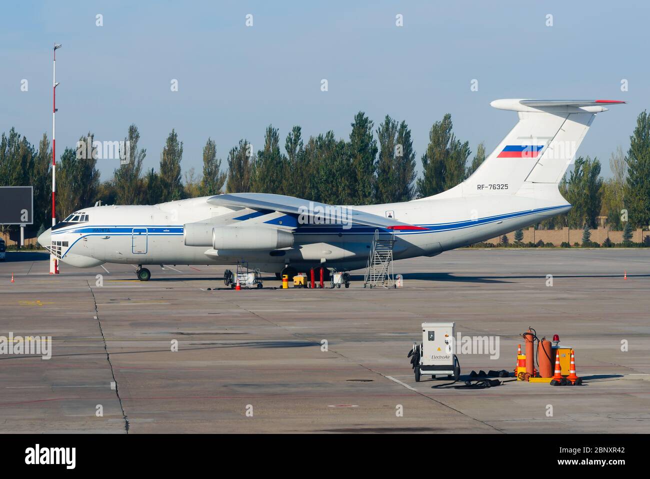 Russia Federal Border Guards Aviation Command Ilyushin 76 (Il-76) at Manas Airport in Kyrgyzstan. Russian soviet cargo aircraft RT-76325, Stock Photo
