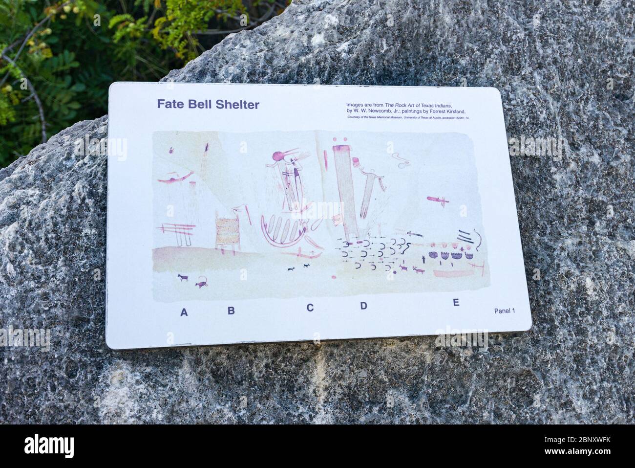 Guide plate showing the various navajo wall art pictographs on the canyon walls of Fate Bell Shelter in Seminole Canyon, Texas Stock Photo