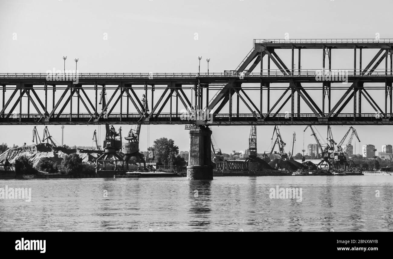 Danube Bridge, black and white photo. Steel truss bridge over the Danube River connecting Bulgarian and Romanian banks between Ruse and Giurgiu cities Stock Photo