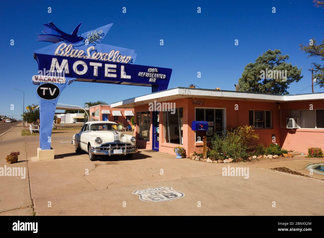 Restored Blue Swallow Motel on Route 66 in Tucumcari, New Mexico Stock Photo