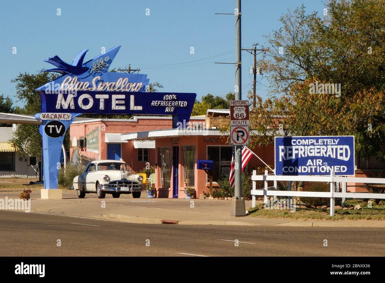 Restored Blue Swallow Motel on Route 66 in Tucumcari, New Mexico Stock Photo
