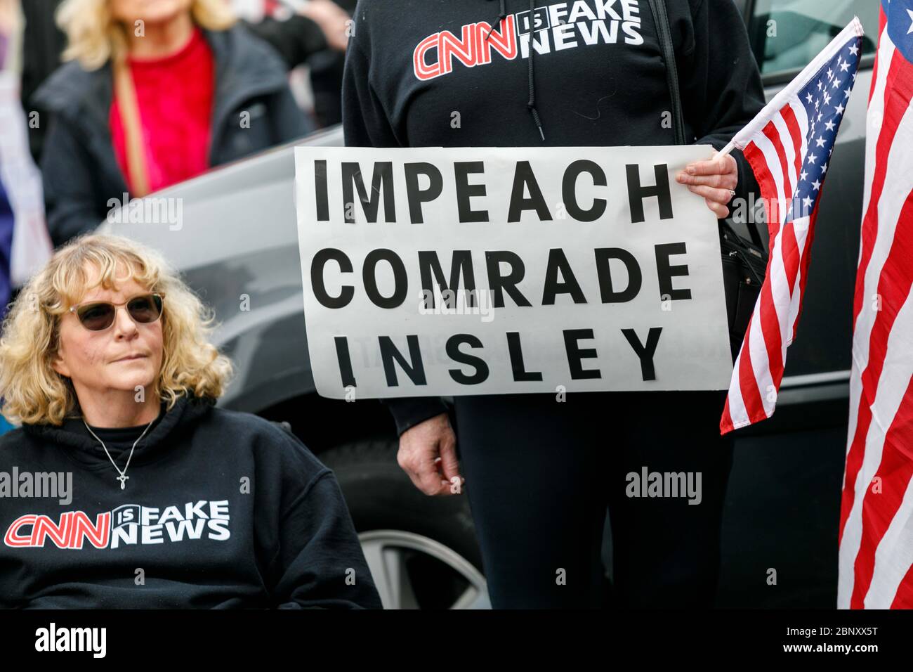 Vancouver, USA. 16th May, 2020. About 100 demonstrators rallied along with Patriot Prayer, Three Percenters, and pro-Trump groups to support early reopening of PetBiz, a pet-grooming salon, in Vancouver, Washington on May 16, 2020. (Photo by John Rudoff/Sipa USA) Credit: Sipa USA/Alamy Live News Stock Photo