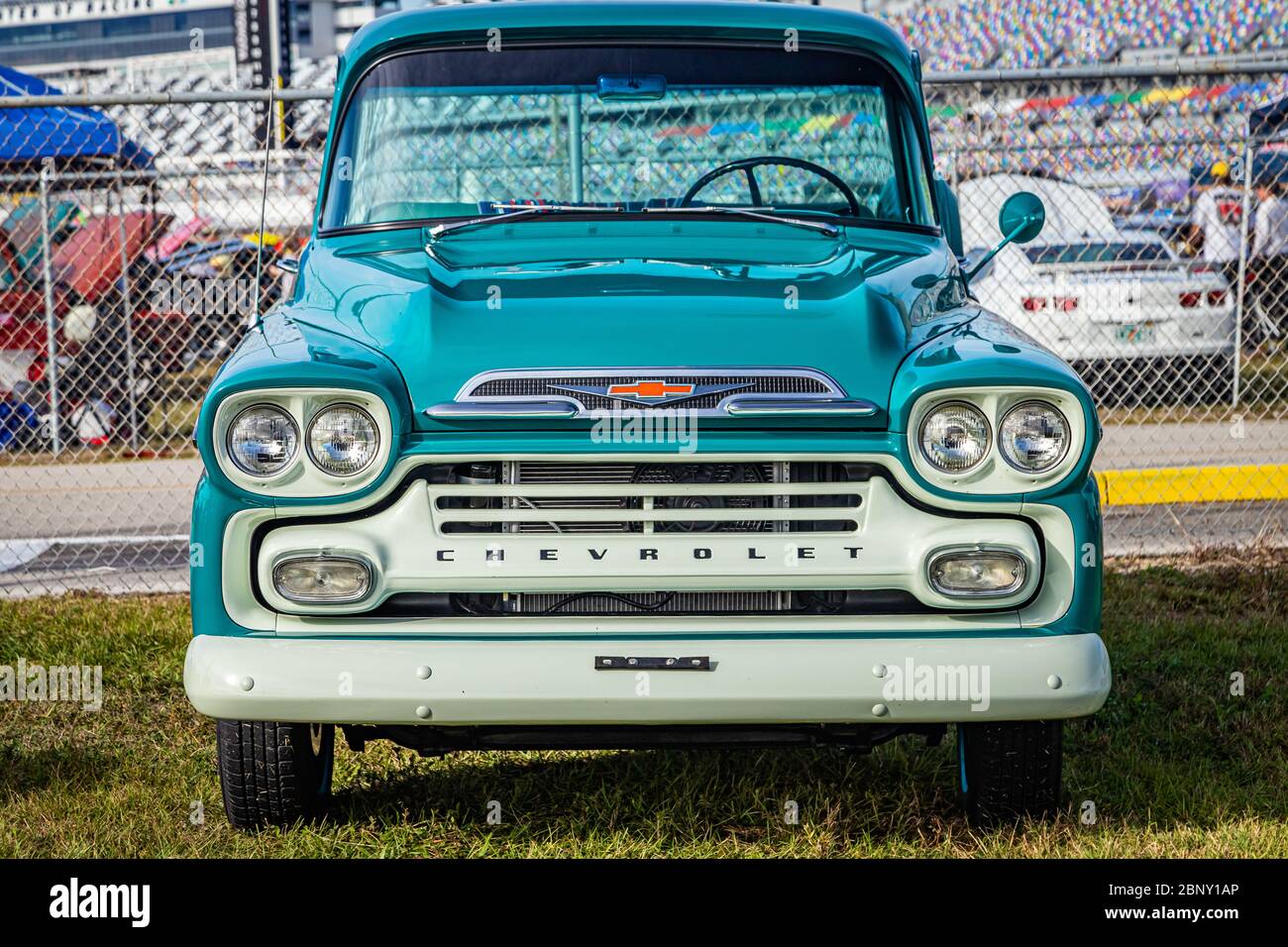 Daytona Beach, FL / USA- November 24, 2018: Green 1959 Chevrolet Apache pickup truck at the Fall 2018 Daytona Turkey Run. Stock Photo