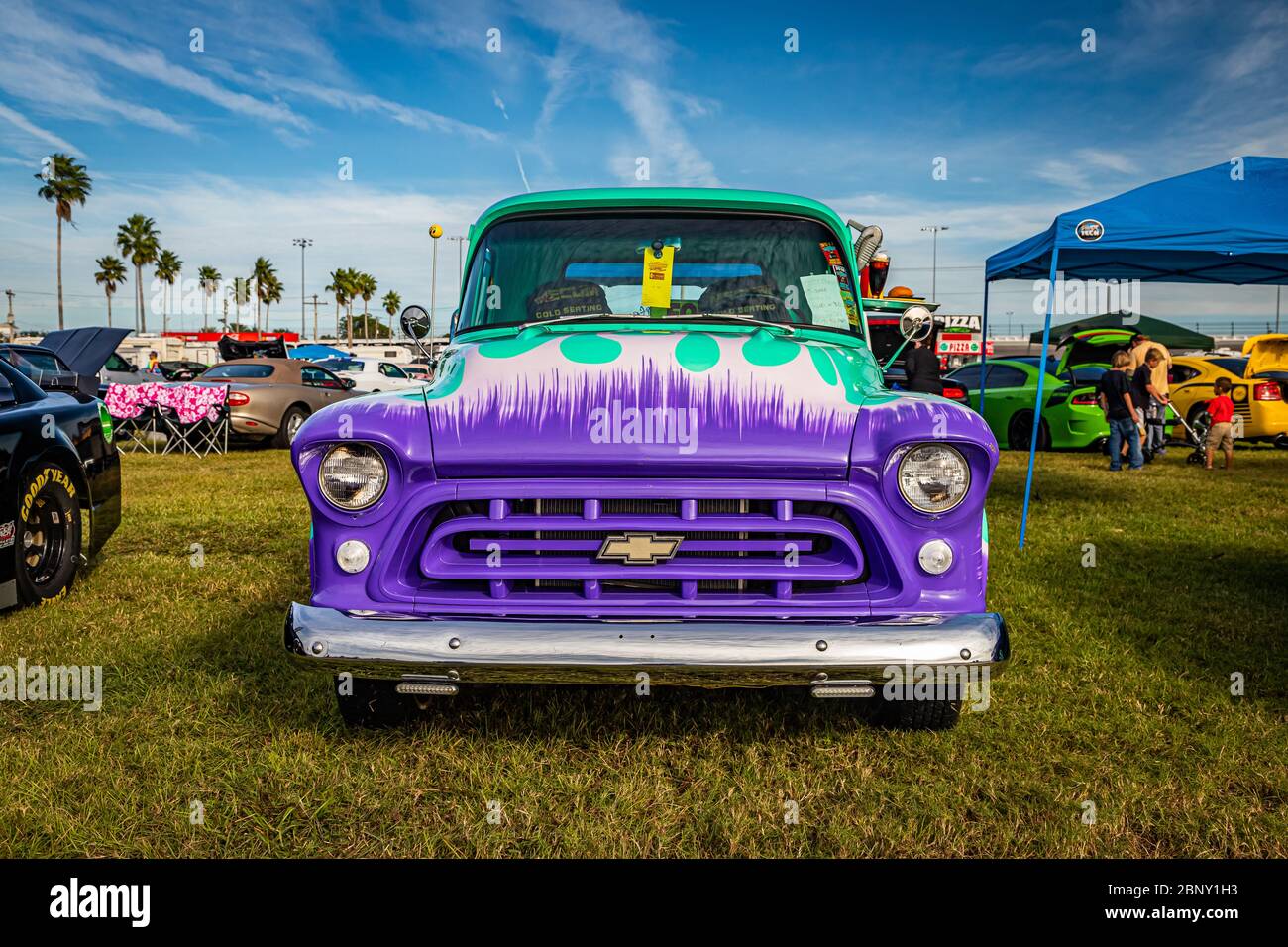 Daytona Beach, FL / USA- November 24, 2018: Custom painted 1957 Chevrolet Apache pickup truck at the Fall 2018 Daytona Turkey Run. Stock Photo