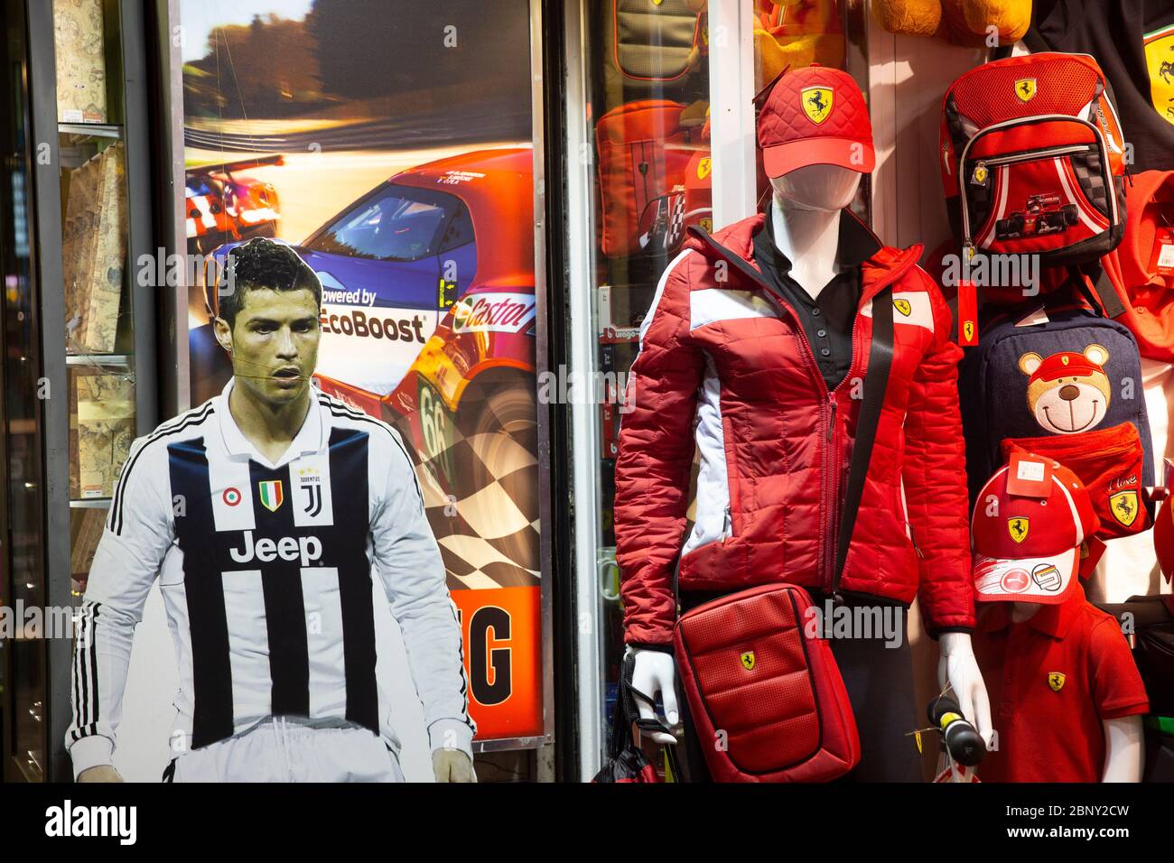 Ferrari gift shop in Rome with picture of Christiano Ronaldo in Juventus football soccer strip,Italy Stock Photo