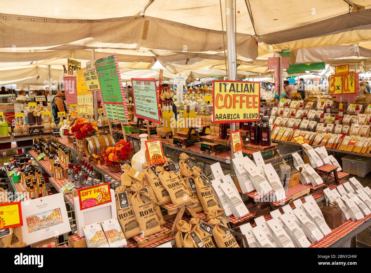 Market day in Rome with vendors selling pasta, coffee and fresh fruit,Rome,Italy Stock Photo