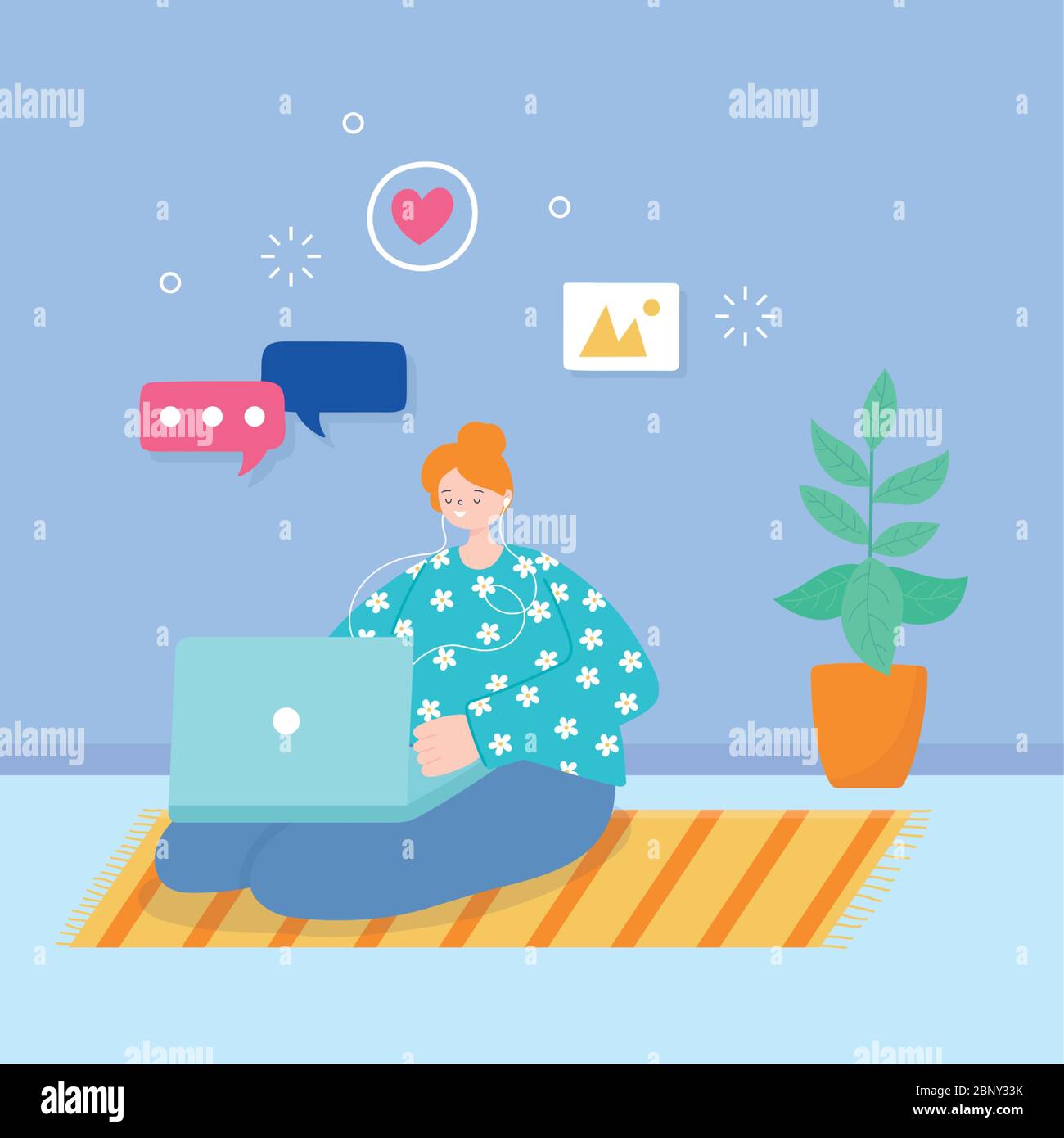 young woman sitting on floor using laptop networking vector ...
