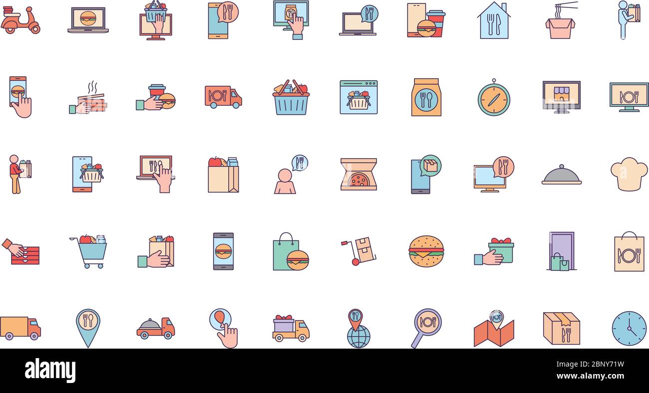 Food delivery line and fill style icon set vector design Stock Vector ...