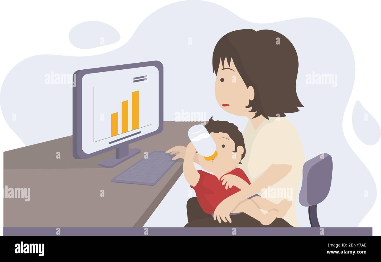 A mom works from home on computer program while she is feeding her baby Stock Vector