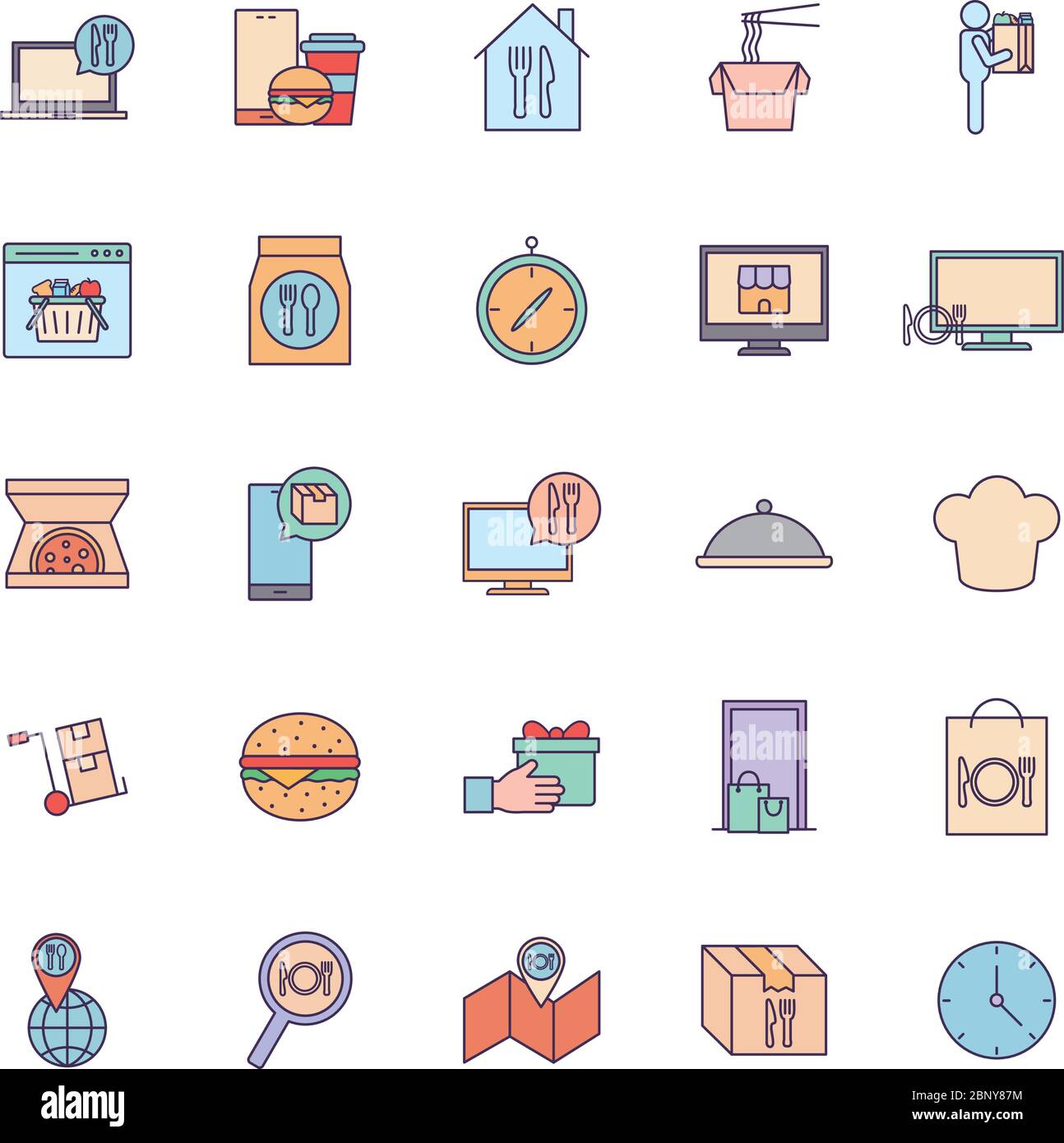 Food delivery line and fill style icon set vector design Stock Vector ...