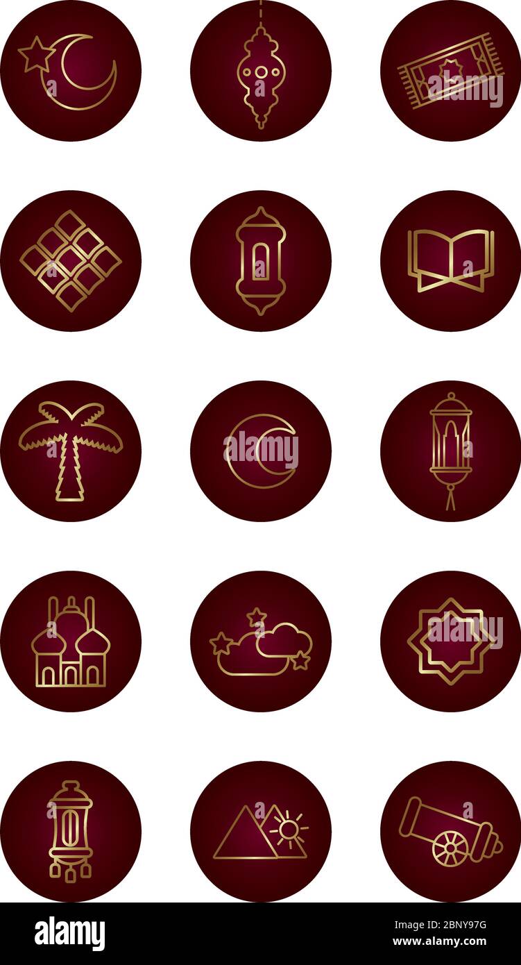 ramadam kareem set block gradient style icons Stock Vector