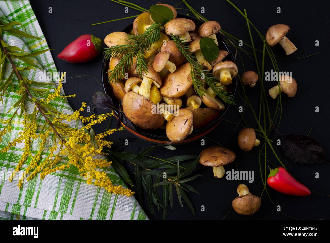 Bowl with forest picking mushrooms, green checkered napkin and wild grass on the black background, top view. Vegetarian healthy food concept Stock Photo