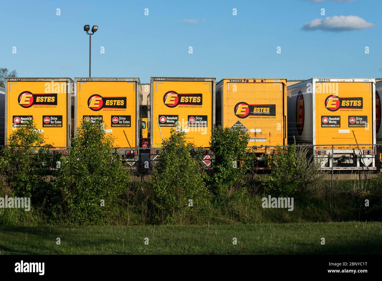 Truck trailers with logos outside of a facility occupied by Estes Express Lines in Norristown, Pennsylvania on May 4, 2020. Stock Photo