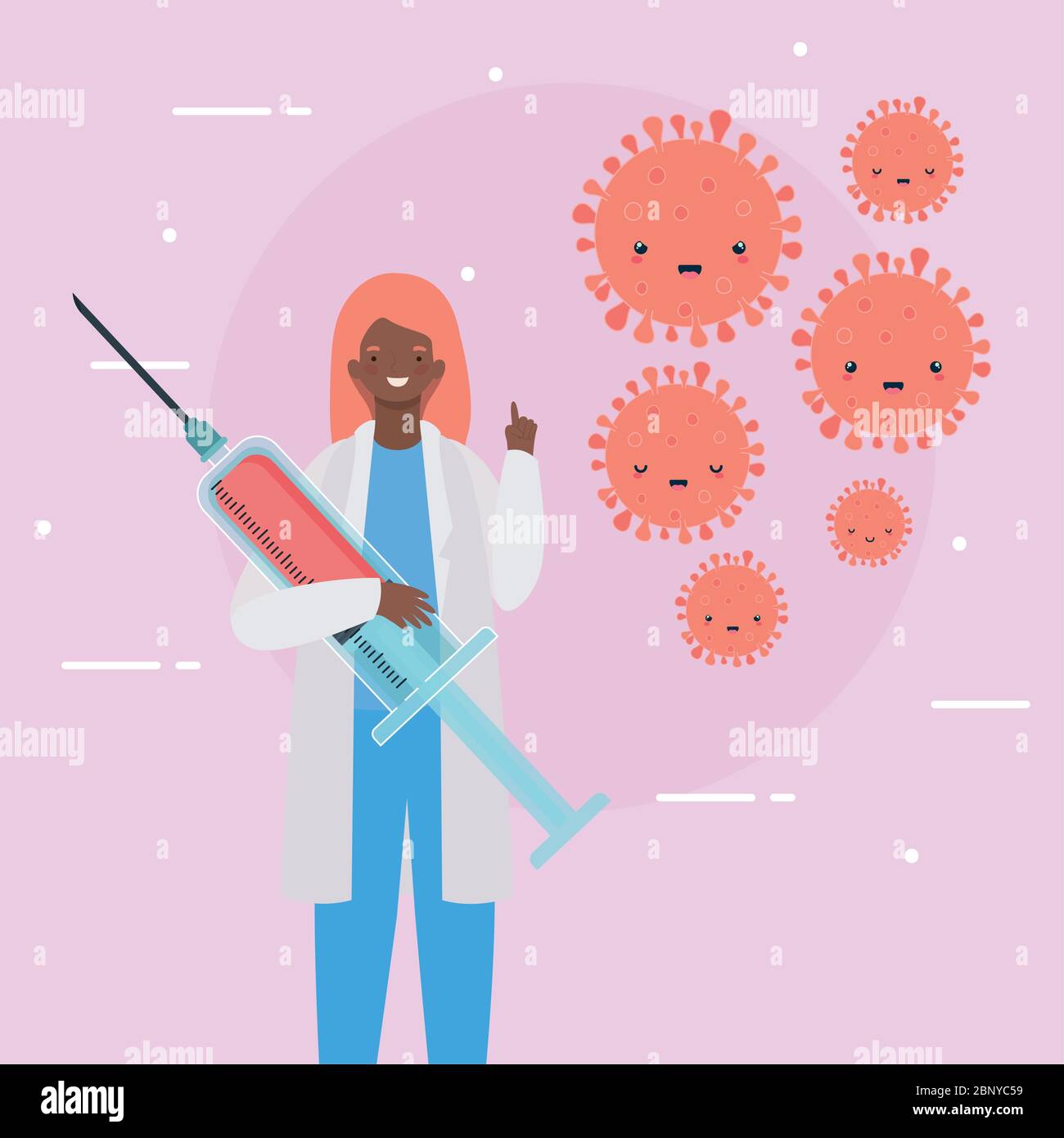 female doctor with injection and covid 19 virus kawaii cartoons vector design Stock Vector