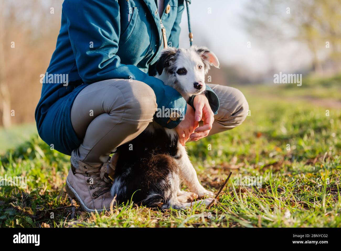 picture of a woman sitting with a cute puppy outdoors Stock Photo - Alamy