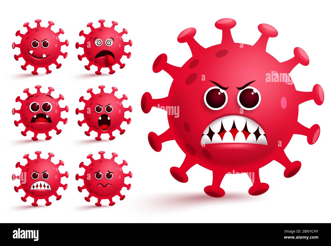 Coronavirus covid-19 emoji smiley vector set. Covid19 corona virus emoji and emoticon with red angry facial expression and emotion for global pandemic. Stock Vector