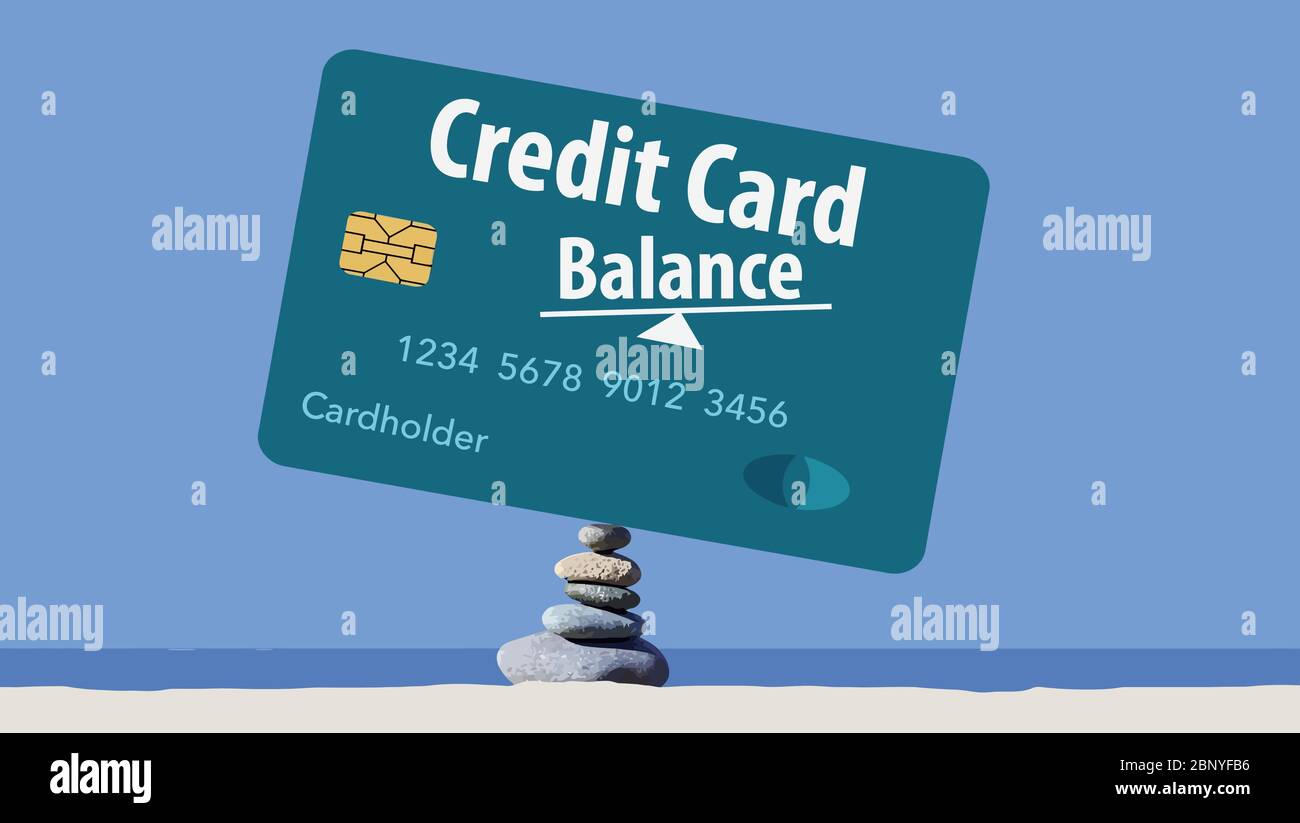 A mock credit card balances on rocks on a beach in this vector illustration about credit card account balances. Stock Vector