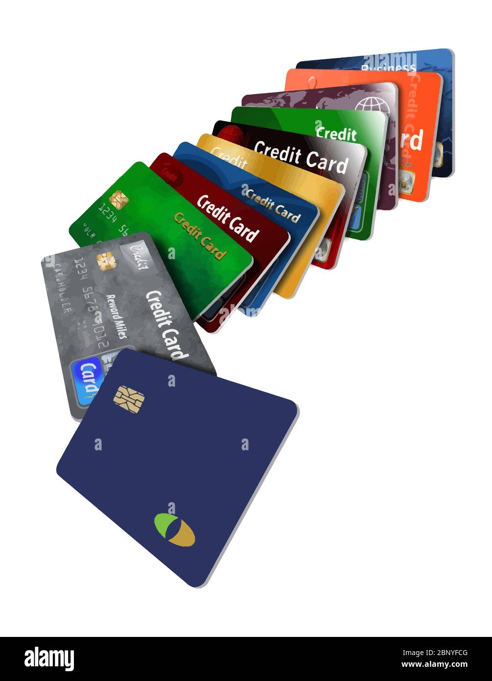 Many credit cards are seen floating on the page in this vector illustration. Stock Vector