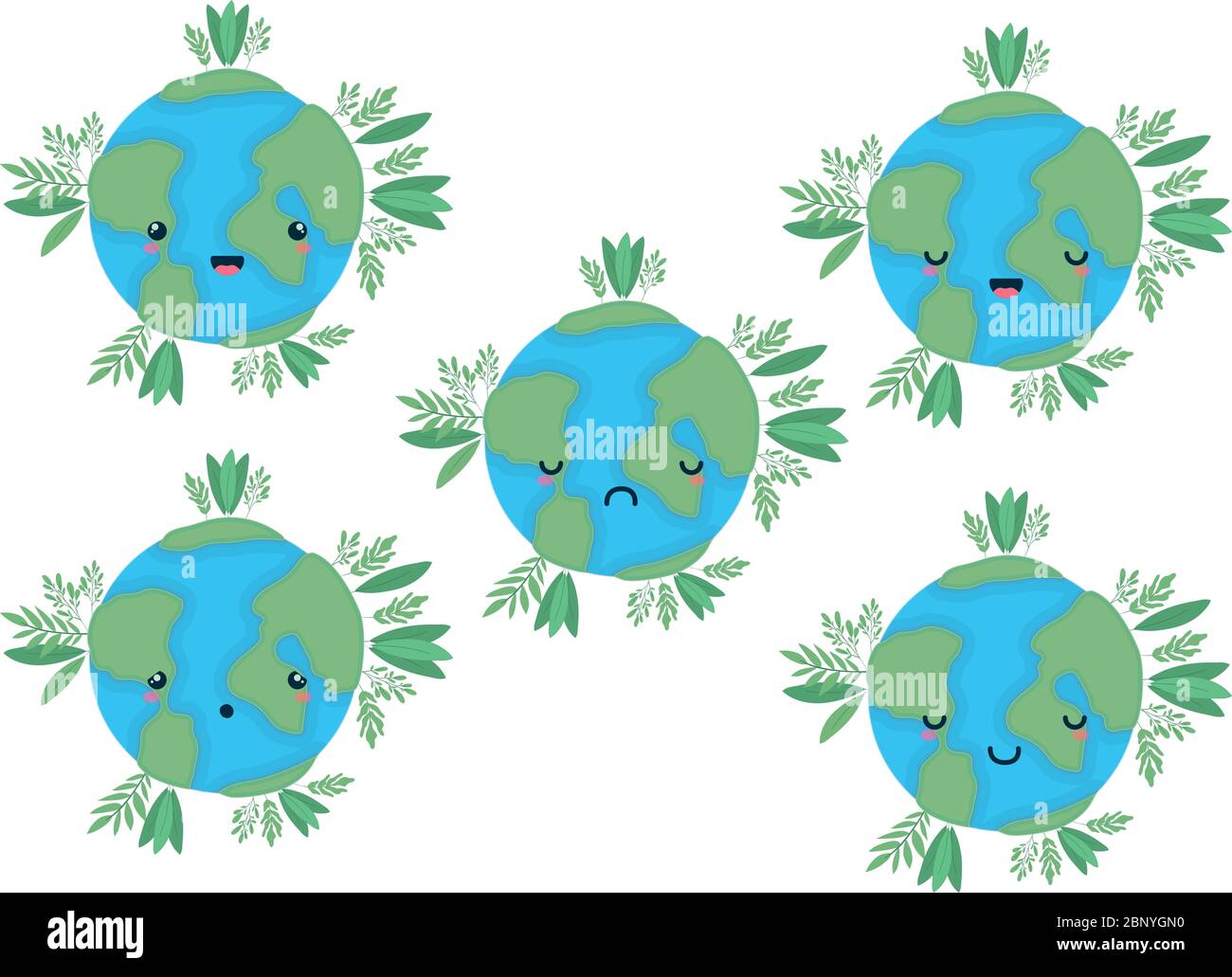 set of kawaii world spheres cartoons with leaves vector design Stock Vector