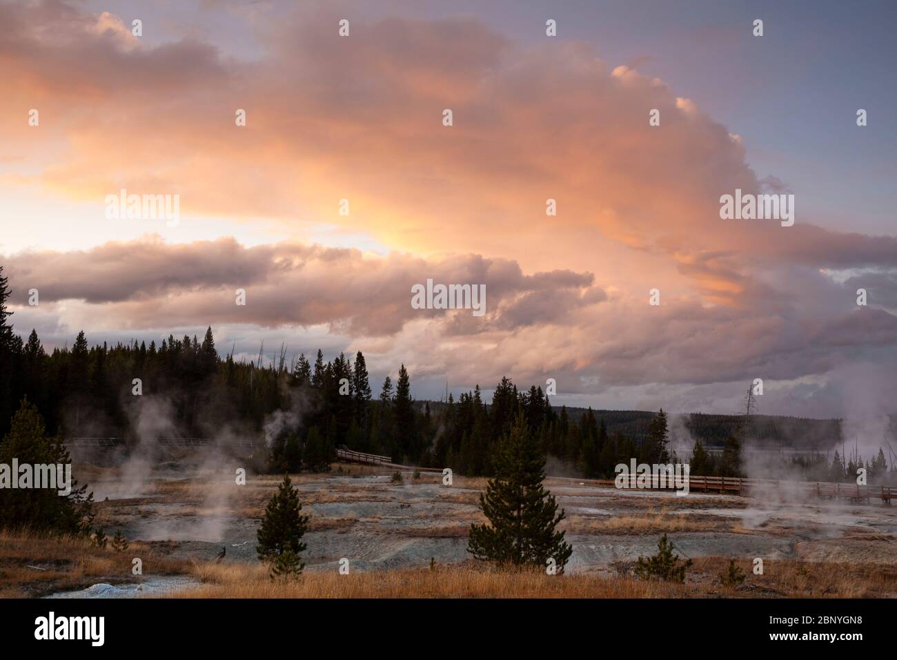WY04387-00...WYOMING - Sunset at West Thumb Geyser Basin in Yellowstone National Park. Stock Photo