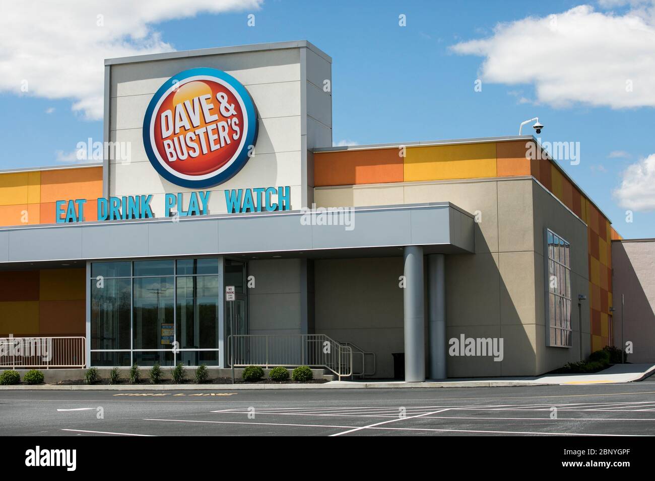 A logo sign outside of a Dave & Buster's location in Camp Hill
