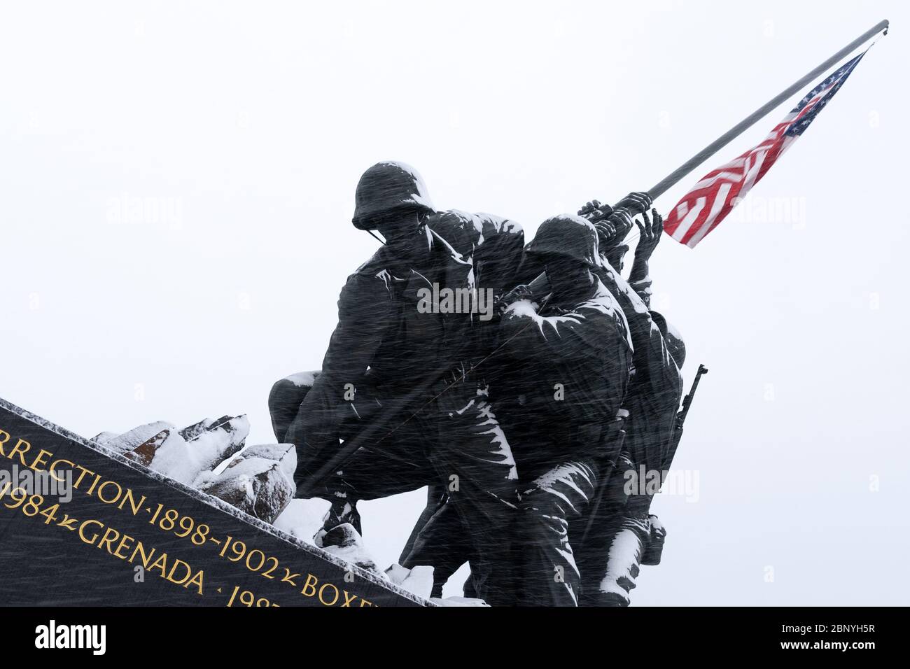 Iwo Jima Memorial Statue Dramatic Angle in a Snow Storm Stock Photo