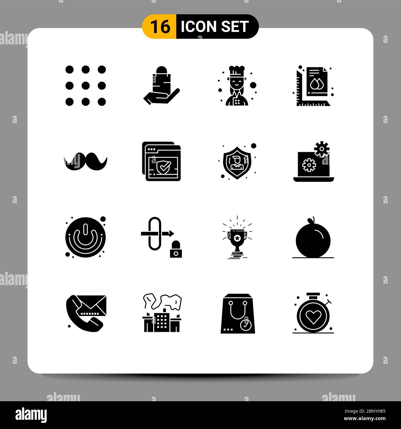 Editable Vector Line Pack of 16 Simple Solid Glyphs of moustache, print, chef, size, measure Editable Vector Design Elements Stock Vector